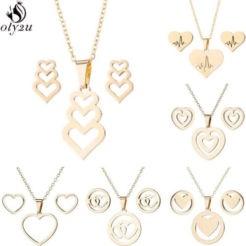 Bijoux Femme Simple Stainless Steel Love Heart Necklace Women Gold Jewelry Sets Girls Wedding Earrings Studs Wholesale 2021