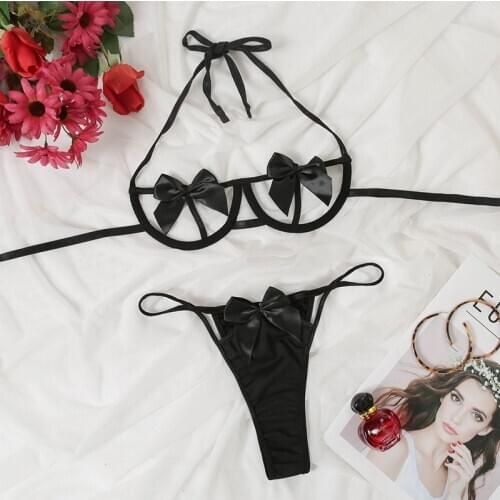 Sexy hollow bow T-pants with bra set ladies large size underwear sets underwire hold breast women lingerie with briefs set