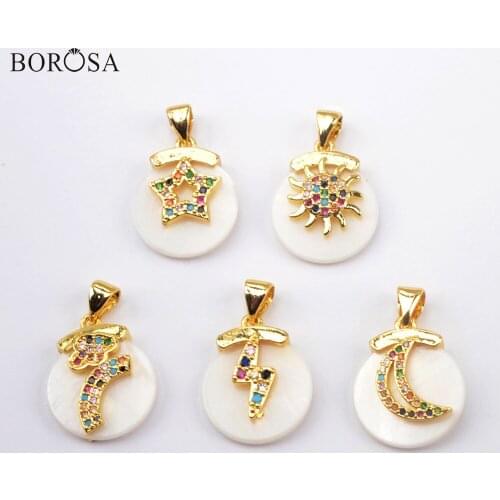 BOROSA Natural White Shell Round Pendant Beads with CZ Micro Paved Moon&Star Pattern Crystal Druzy Charms for Necklace WX1509
