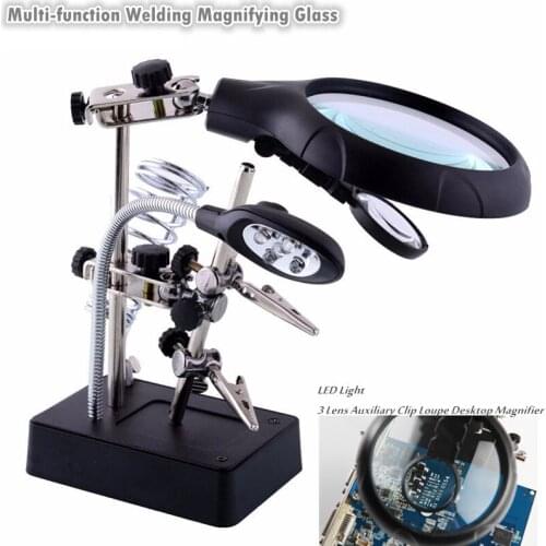 Multi-function Welding Magnifying Glass LED Light 3 Lens Auxiliary Clip Loupe Desktop Magnifier Soldering Repair Magnifi Glass