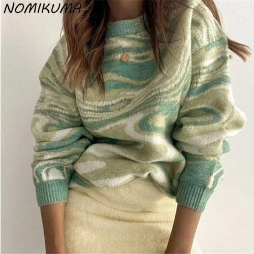 Nomikuma Fashion Tie Dye Woman Sweaters Causal Long Sleeve O-neck Pull Femme 2021 Autumn Winter New Knitted Pullover Tops 6L955