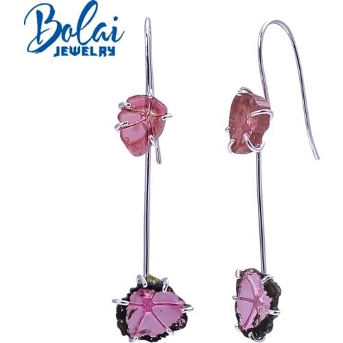 Handmade natural tourmaline rough earrings, 925 sterling silver watermelon shape design unique niche temperament female jewelry