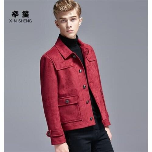 Casual short woolen coat men single-breasted coats long sleeves deer skin velvet mens clothing england wine red plus size S- 6XL