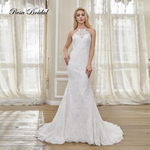 Rosabridal Mermaid Wedding Dress Elegant halter top sleeveless See Through lace back Court Train Illusion Trumpet bridal gown