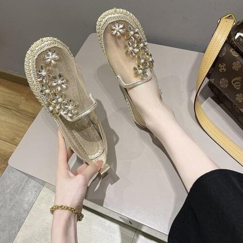 Crystals Round Toe Flats Shoes Women Fashion Mesh Breathable Loafers Flower Rhinestone Platform Shoes Woman Mules Summer