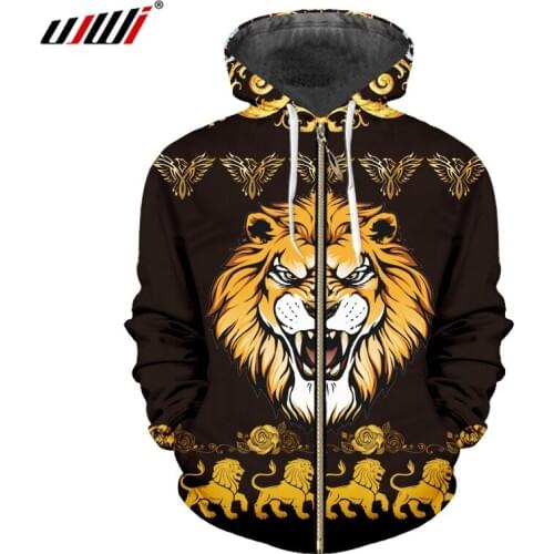UJWI Trend Unisex Hoodies 3d Golden Pattern Lion Printed Zip Autumn Winter Hip Hop Streetwear Hoody Men Hooodies Suppliers