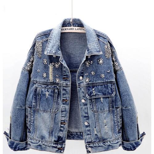 2021 Spring Autumn Handmade Diamond Denim Jacket Women Coat Harajuku Streetwear Short Jeans Jacket Female Loose Casual Outerwear