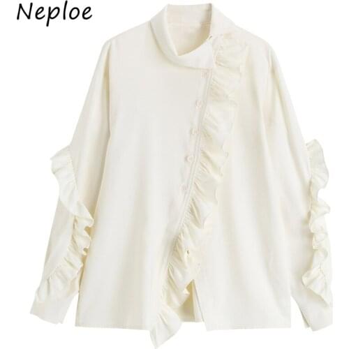 Neploe Down Turn Collar Long Sleeve Solid Blouse Women Ruffles Patchwork Loose Blusas Spring 2021 New All Match Shirt Feminino