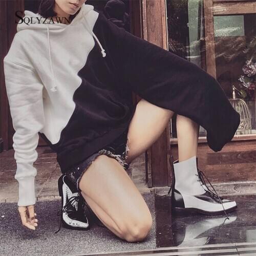 Harajuku Black and White Color Block Pullovers Korea Style Women Irregular Long Sleeve Loose Sweashirt Hooded Streetwear Hoodies