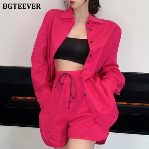 BGTEEVER Casual Loose Women Tracksuits Lapel Full Sleeve Shirts & Tube Tops & Drawstring Shorts 2021 Summer Ladies 3 Pieces Set