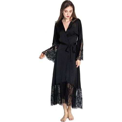 Summer Lace Patchwork Satin Kimono Robe Sexy Sleepwear Lingerie Chemises Women Silk Long Nightgown Wedding bridesmaid Robes
