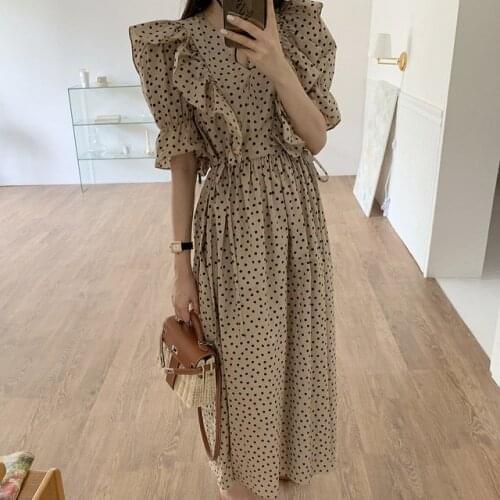 Dresses Chic Summer V Neck Ruffles Flare Short Sleeve Polka Dot Dress Women Vintage Slim Vestido De Mujer Elegant Wild FT376