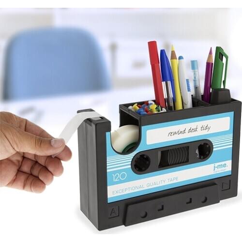 2 in 1 Multifunctional Pen Holder Creative Office Desk Stationery Organizer Retro Cassette Tape Dispenser Pen Holder Gift
