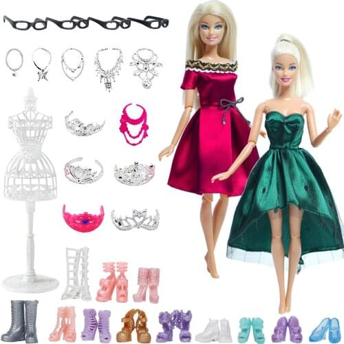 30 Pcs Accessories = 2x Doll Dress + 1x Display Holder + 12 Pair Shoes + Random 6 Necklace + 4x Glasses Clothes for Barbie Doll