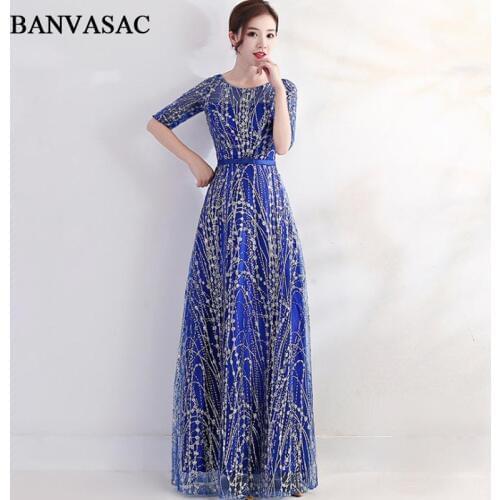 BANVASAC Elegant O Neck A Line Sequined Long Evening Dresses Party Half Sleeve Sash Illusion Zipper Back Prom Gowns