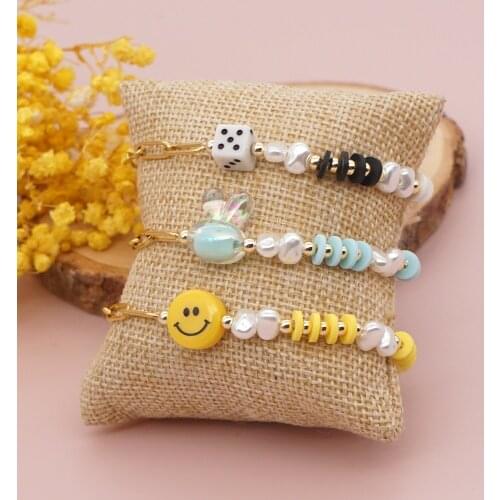 Go2Boho Heishi Pearl Beaded Bracelets Cute Smiley Dice Rabbit Charm Bracelet Fashion Jewelry for Women Adjustable Metal Chain