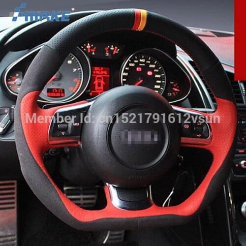 For Audi R8 High Quality Hand-stitched Anti-Slip Red Black Leather Black Suede Red Thread DIY Steering Wheel Cover