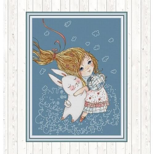 Girl and Rabbit Chinese Cross Stitch Patterns DMC Embroidery Floss 14ct 11ct Count Canvas Printed Cross Stitches DIY Needlework