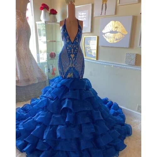 Royal Blue Plunge Tiered Open Back Mermaid Prom Gown Sequined Tired Tulle Ruffles Evening Party Gowns