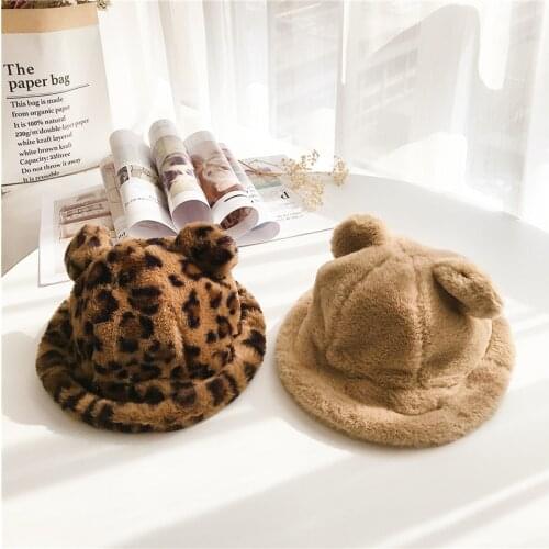 Leopard Faux Fur Bucket Baby Hat Solid Color Plush Fisherman Kid Cap With Ear Winter Warm Infant Panama For Baby Girl Boy