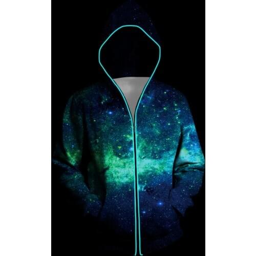Operated Luminescent Neon LED Lights Cool Mens Zipper Closure Hoodies Galaxy 3d Printed Hooded Jackets Streetwear Mens Hoodies