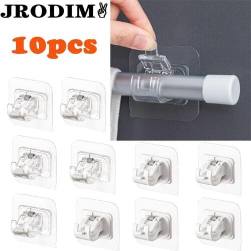 Powerful Hanging Curtain Rod Clip Hooks Shower Curtain Rod Hanging Clip Holders Self-adhesive Rod Bracket Bathroom Accessories