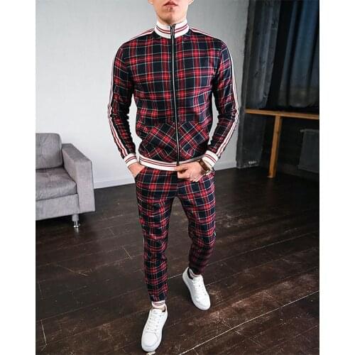 2021 New Mens Tracksuits Colorful Plaid Casual Zipper Hoodie Set Autumn Male Sweatshirt Clothes For Men