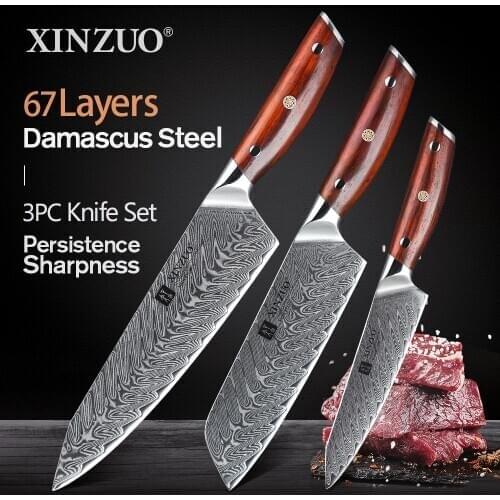 XINZUO PRO 3 PCS Knife Set Kitchen Knife Set Damascus Steel Knife Blades Santoku Utility Chefs 7+5+8.5 inch Kitchen Knives