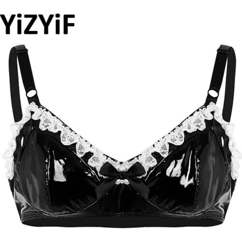 Sissy Lingerie Mens Sexy Bra Top Wet Look Faux Leather Sexy Lace Bras Gay Men Underwear Wire-free Unlined Bralette Sexy Tops