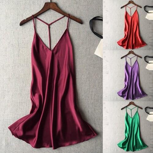 New Women V Neck Satin Nightgown Sexy Lace Sleepwear Strap Spaghetti Ladies Silk Nightwear Sleep Wear Night Gown Lingerie Dress