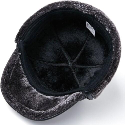 Thick Warm Fur Lined Bomber Hat For Man and Men Winter Warm Trapper Cap Genuine Leather Cowhide Cap Dad Snow Hat Russia Fashion