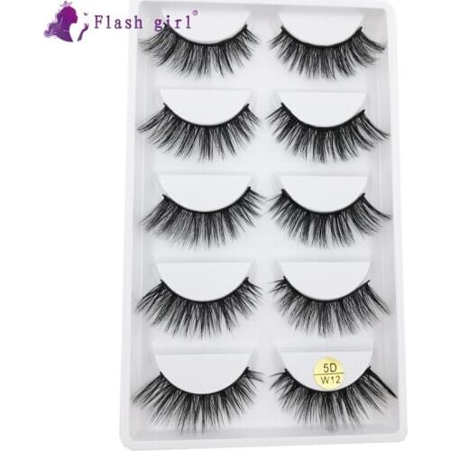 Flash Girl Popular 5D Mink Eyelashes 5D-W12 Natural Dramatic Volume Eyelash Extension Wispy Thick Eye Lashes Makeup