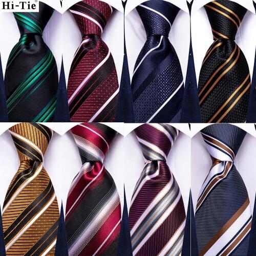 Hi-Tie Black Green Gold Striped Dot Silk Wedding Tie For Men Fashion Novelty Design Quality Hanky Cufflinks Nicktie Dropshipping