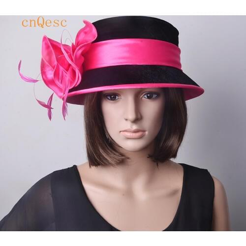 Hot pink black Ladies Velvet Hat with satin flowers for Church Wedding