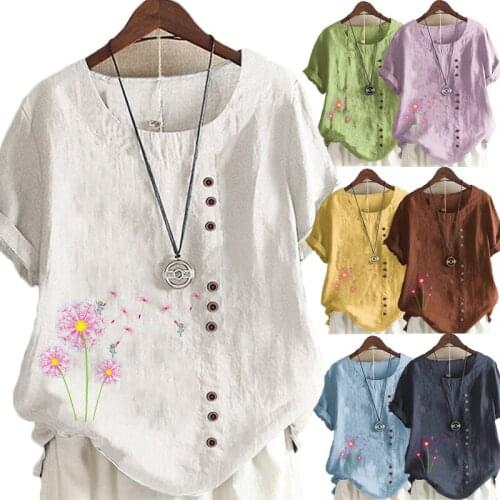New Women Summer Casual Dandelion Print Loose T-shirts Vintage Round Neck Plus Size Short Sleeve Blouse Tops S-5XL