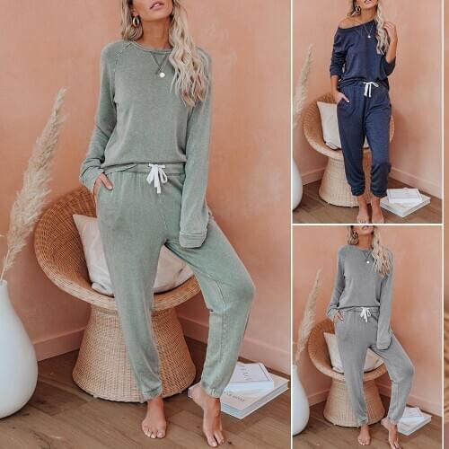 Womens Home Wear Solid Long Sleeve Raglan Sleeve Top And Pants Loungewear Set Sportswear Tracksuits Outfits Round Neck