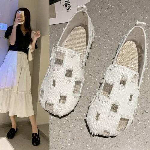 Net Celebrity Beggar Hole Canvas Peas Shoes Womens 2021 Early Autumn New Breathable Lazy One-step Soft-soled Single Shoes Tide