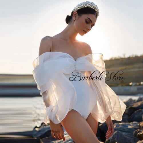 Pretty White Women Bodysuit Off The Shoulder V- neck Puff Sleeves Tulle Women Jumpsuit Summer Women Outfit For Bridal
