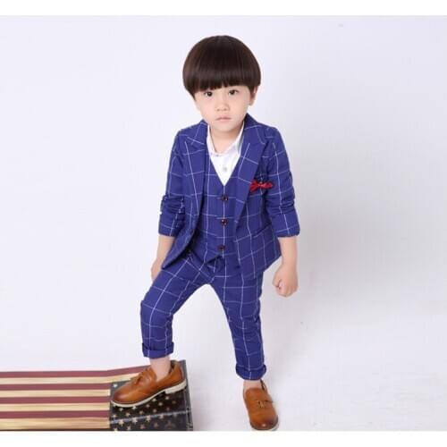 2020 Blue Plaid Boys Suit 3 Pieces Slim Fit Children Prom Wedding Suits Blazer Kid Tuxedo Formal Dress Suits Jacket Pants Vest