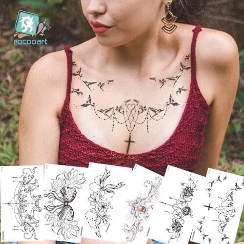 6PCS/Lot Mixed Sexy Tatoo Waterproof Female Body Art Stickers On Breast Necklace Fake Butterfly Temporary Tattoo Chest For Women