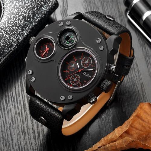 Oulm HP3741 Watch Male Sport Quartz Wristwatch Unique Design Fashion Leather Watches Two Time Zone Luxury Mens Watches