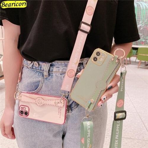 Luxury Plating Wrist Strap Phone Case For Samsung Galaxy A70 A71 A11 A80 Note 8 9 10Plus 20 Ultra Crossbody Shoulder Strap Cover