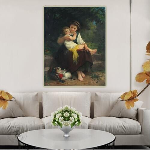 Citon Emile Munier《Mother and child with a kitten》Canvas Oil Painting Childhood memories Background Decor Home Decoration