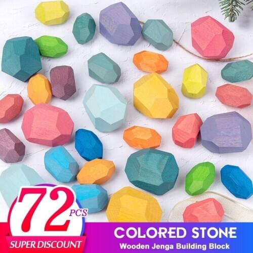 Children Wooden Blocks Toys 5-72 PCS Rainbow Stacking Block Kids Educational Games Wood Colored Stone Jenga Building Block Gifts