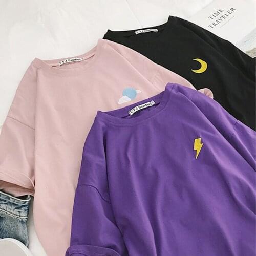 T-shirt Women Short Sleeve Tees Students Korean Loose Trendy Womens O-Neck Embroidery Harajuku T-shirts Female Clothing Tops