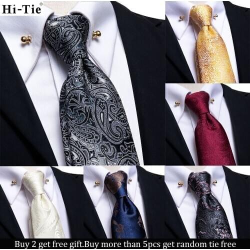 Hi-Tie Designer Black Solid Paisley Silk Wedding Tie For Men Hanky Cufflink Gift Mens Necktie Gravata Set Business Dropshipping