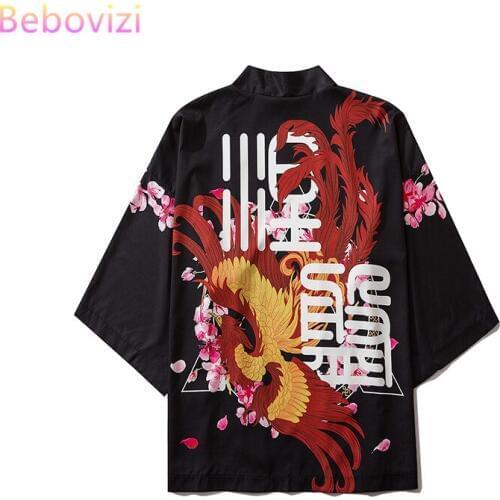 17 Style Black Phoenix Print Harajuku Japanese Fashion Kimono Women Men Cardigan Blouse Haori Obi Asian Clothes Samurai