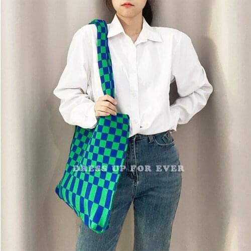 Womens Classic Checkerboard Plaid Woolen Knitted Shoulder Bag Vintage Chic Large Capacity Ladies Casual Tote Shopping Handbag