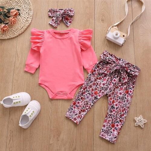 0-18M Infant Baby Girl Clothing Ruffle Solid Color Long Sleeve Romper Top+Floral Long Pants+Headband Spring 3pcs Set