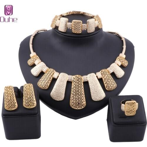 Women African Beads Jewelry Sets Necklace Earring Ring Bangle Gold Color Statement Accessories Jewelries Set